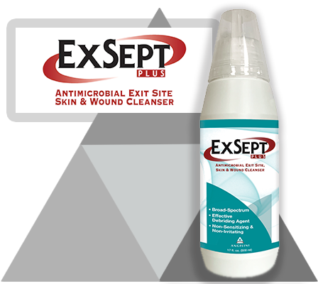bottle of ExSept Plus with large logo reading exsept plus antimicrobial exit site skin and wound cleanser with grey triangle in background