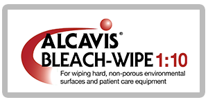 Alcavis Bleach-Wipe 1:10 red curve with red ball above for wiping hard, non-porous environmental surfaces and patient care equipment