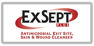 Label for ExSept Plus with red ellipse and words antimicrobial Exit site skin & wound cleanser