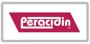 white Peracidin logo on red diamond background