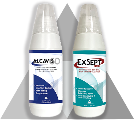 a bottle of Alcavis 50 and a bottle of ExSept Plus by Angelini Pharma